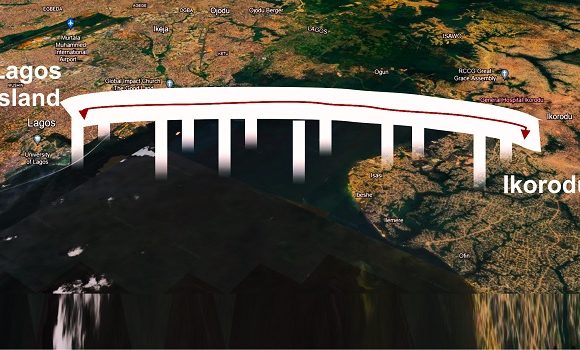 Graphic rendering of the Lagos Fourth Mainland Bridge project, slated to begin in early 2024. The 38-kilometer bridge will feature three toll gates, nine interchanges, a 4.5-kilometer Lagoon Bridge, and a dedicated lane for Bus Rapid Transit (BRT), aiming to reduce traffic congestion and enhance connectivity in Lagos.