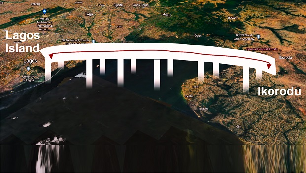 Graphic rendering of the Lagos Fourth Mainland Bridge project, slated to begin in early 2024. The 38-kilometer bridge will feature three toll gates, nine interchanges, a 4.5-kilometer Lagoon Bridge, and a dedicated lane for Bus Rapid Transit (BRT), aiming to reduce traffic congestion and enhance connectivity in Lagos.