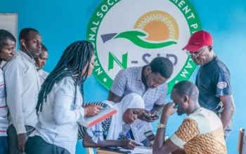 Image of a group of young Nigerian volunteers participating in the N-Power initiative, receiving training and skills development opportunities.