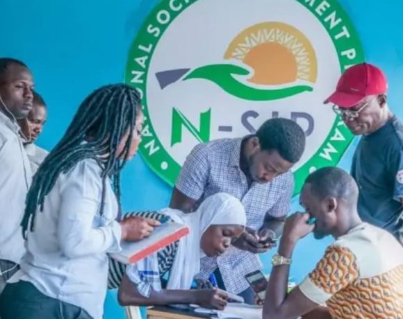 Image of a group of young Nigerian volunteers participating in the N-Power initiative, receiving training and skills development opportunities.