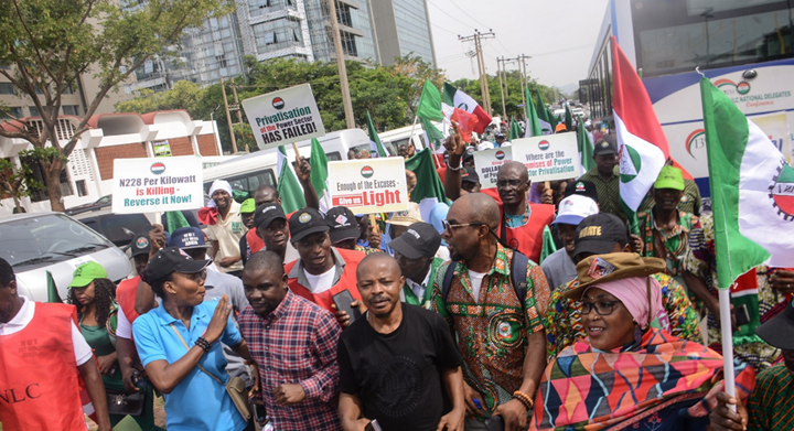 Nigerian workers protesting for fair wages.