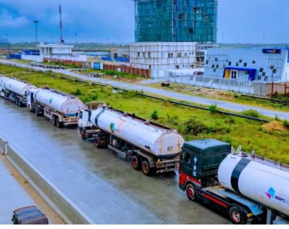 Trucks loaded with petrol at Dangote Refinery, ready for nationwide distribution.