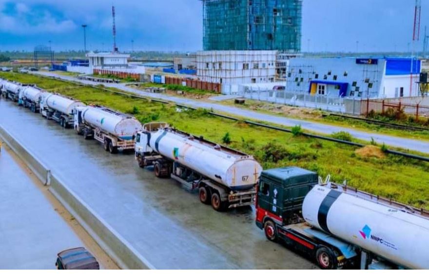 Trucks loaded with petrol at Dangote Refinery, ready for nationwide distribution.