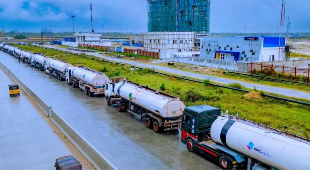 Trucks loaded with petrol at Dangote Refinery, ready for nationwide distribution.