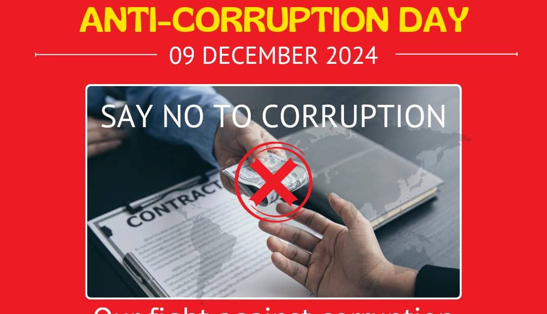 A red-themed image for International Anti-Corruption Day 2024 by ARD, featuring the text "Say No to Corruption" and a crossed-out handshake above a contract, symbolizing rejection of unethical practices.